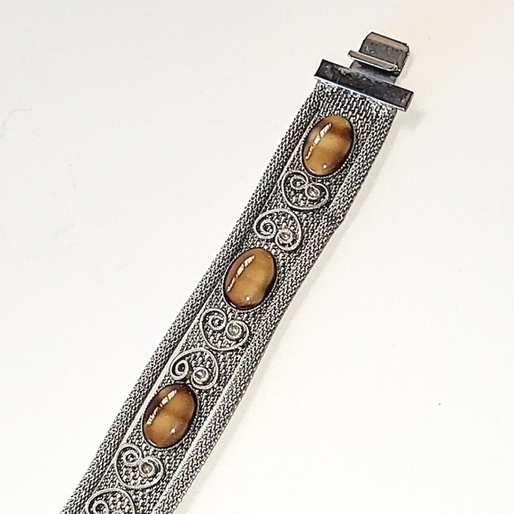 VINTAGE MESH BRACELET - FAUX TIGER'S EYE SLAG GLASS STONES - Picture 3 of 11